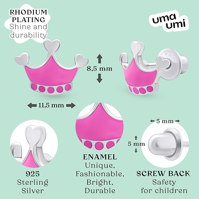 925 Sterling Silver Crown Pink Stud Earrings for Girls Hypoallergenic Safety Screw Back Rhodium Plated - Crown Pink Gifts Earrings for Baby Toddlers Little Teens Kids Jewelry