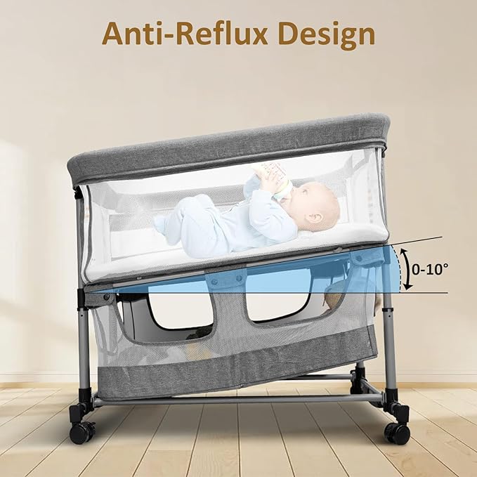 Twin Bassinet for 2 Babies, Double Bassinet for Twins, Rocking Bassinet with Wheels and Storage Basket, Full-Mesh Sides, 5-Height Adjustable, Portable and Stable Baby Crib (Standard Grey)