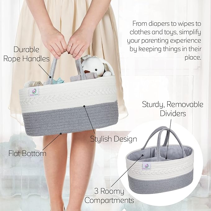 KiddyCare Woven Diaper Caddy Organizer, Large Gray Multi Functional Portable Baby Basket with Handle, Baby Gift for Boy/Girl Nursery Storage, Organization, and Modern Car Diaper Caddy Gray X-Large