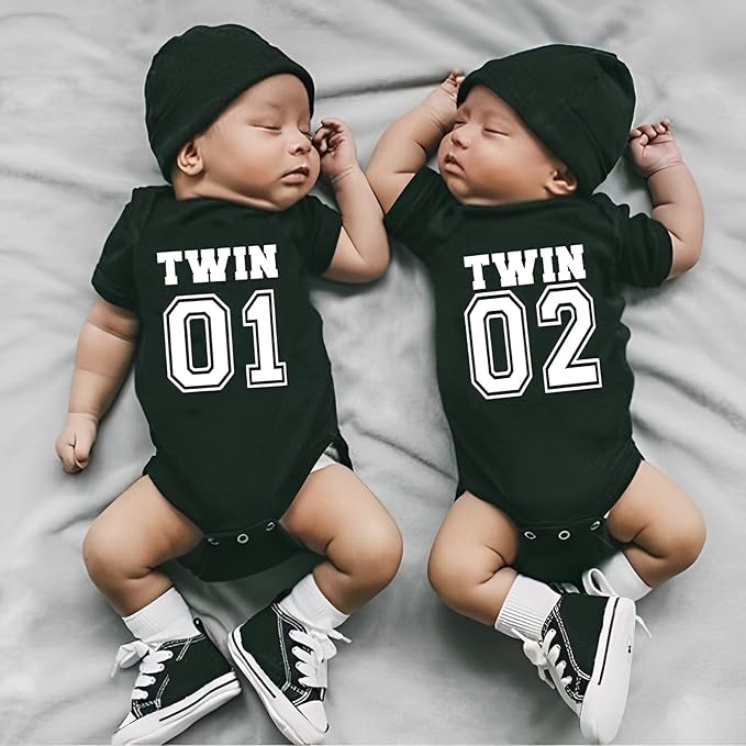 DEFAHN Funny Twins Baby Bodysuits Boys Girls Rompers 2 Pack Twin Matching Clothes Outfits for Newborn Infant