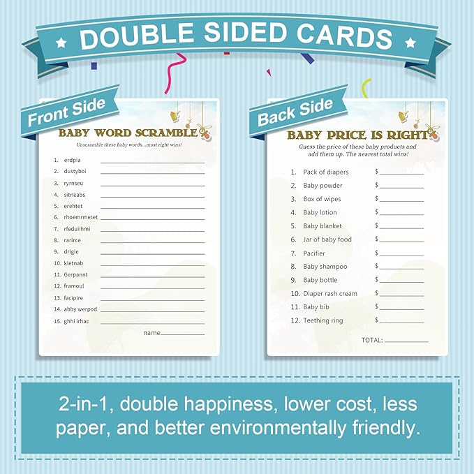 Baby Shower Games for Boy or Girl-2 Games(50 of Each),Baby Shower Word Scramble Game&Price is Right,Double-Sided,Fun,Hilarious,and Easy to Play,Gender Neutral,with Answer Keys