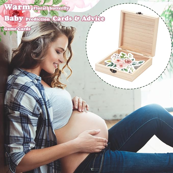 50 Pcs Double Side Baby in Bloom Predictions & Advice Cards Flower Flora Baby Shower Decoration for New Parents Shower Games with Cards Wooden Keepsake Box for Wishes