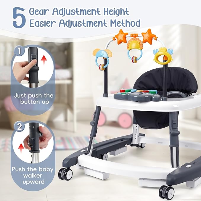5-in-1 Music and Lights Baby Walker Foldable with 5 Adjustable Heights, Baby Walker with Wheels and Bouncer Combo Portable, Infant Toddler Walker for Baby Boy Girls 6-18 Months