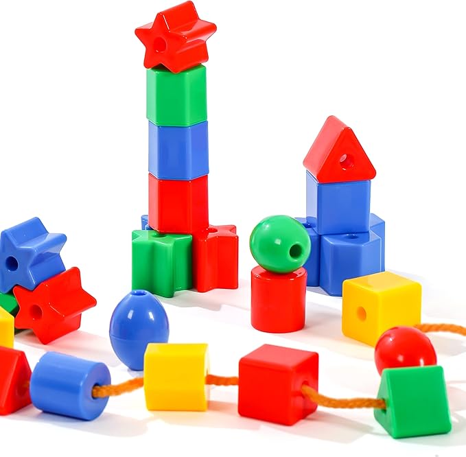 Toddler Toys - Big Lacing Beads Set for Fine Motor Skills & Hand-Eye Coordination - 36 Beads & 6 Strings - Color Sorting & Counting Educational Learning Toy Montessori Toys