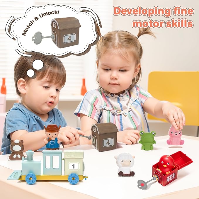 Toddler Learning Toys for 1 2 3 Years Old,Counting, Color Recognition & Math Skills Montessori Toy Farm Animals Train with 10 Finger Puppets, Birthday Educational Gift for Baby Toddler Boys Girls