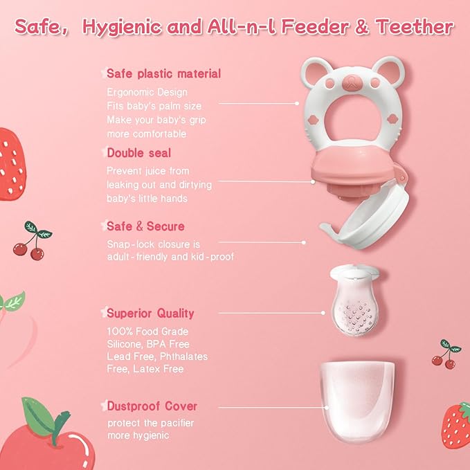 Baby Fruit Feeder with with 2 Extra Teats, Toddler Eating Essentials, BPAFree Feeding Supplies, Silicone Fresh Food Feeder for Safe Infant Self Feeding (Bear- Blue Pink)