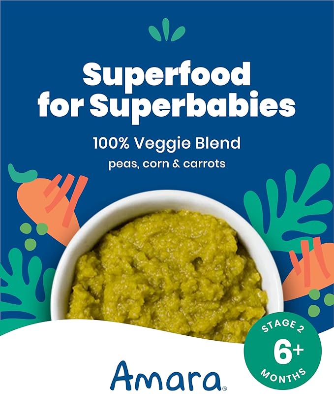 Amara Organic Baby Food - Stage 2 - Peas, Corn & Carrots - Baby Cereal to Mix With Breastmilk, Water or Baby Formula - Shelf Stable Baby Food Pouches Made from 100% Organic Veggies - 10 Pouches, 3.5oz Per Serving