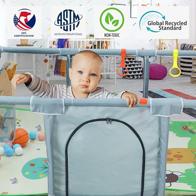Upgraded Playpen with Enhanced Thick Foldable Mat, Balls, 4 Rings, Storage Bag, Basketball Hoop & Soccer Nets - Play Yard - Sport Playpen - Activity Center - BPA-Free, Non-Toxic, Safe