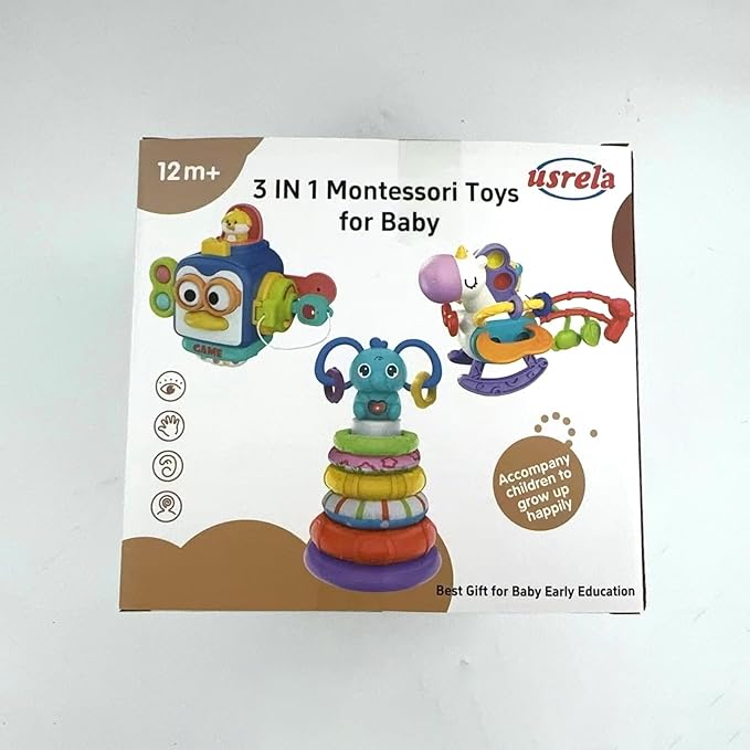 Baby Toys for 1+ Year Old, Busy Board Sensory Toys for Toddlers 1-3, Baby Toy for 12-18 Months, Pull String Teether, Stacking Blocks, 3 in 1 Travel Toy Gifts for 1 2 3 Year Old Boy Girl