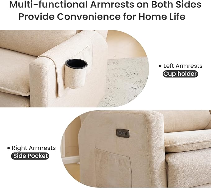 Oversized Swivel Rocker Recliner with Adjustable Headrest, 26" Extra Wide Glider Recliner Nursery Chair with Double Cushion, Chenille Glider Rocking Chair for Living Room,Cup Holder,Beige