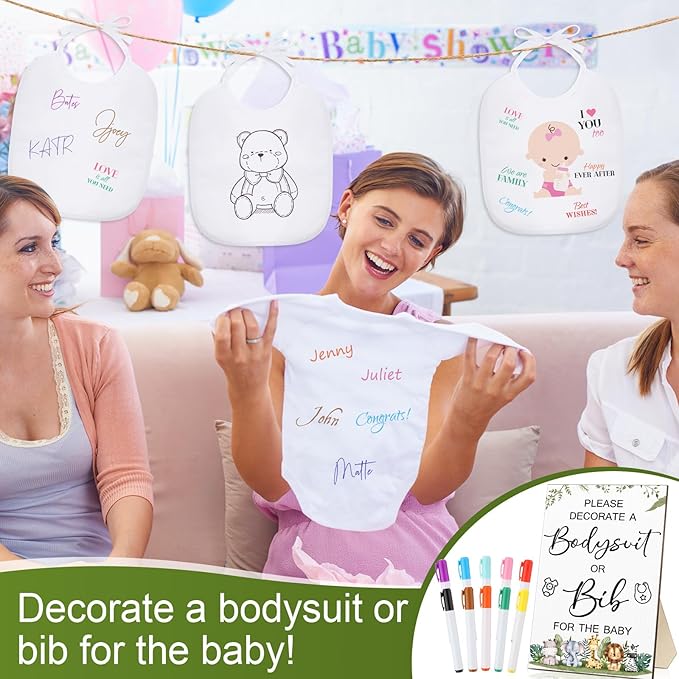 Roowest 35 Pcs Baby Shower Bibs Games Design Wooden Baby Shower Party Game Sign DIY Bodysuit Sign 15 White Blank Feeder Bibs 9 Newborn Bodysuit 10 Markers for Boys Girls(Jungle)