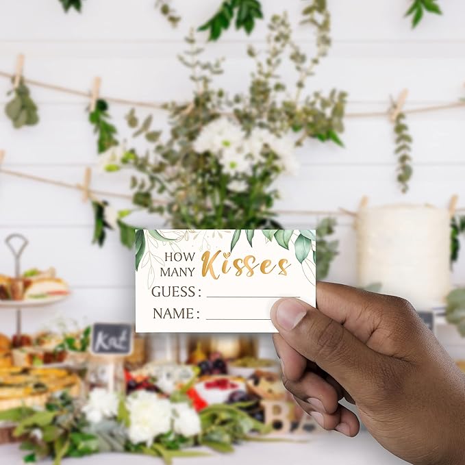 Guess How Many Kisses Are in the Jar Game (1 Standing Sign + 50 Guessing Cards),Greenery Golden,Bridal Shower Sign,Baby Shower Sign - XH18