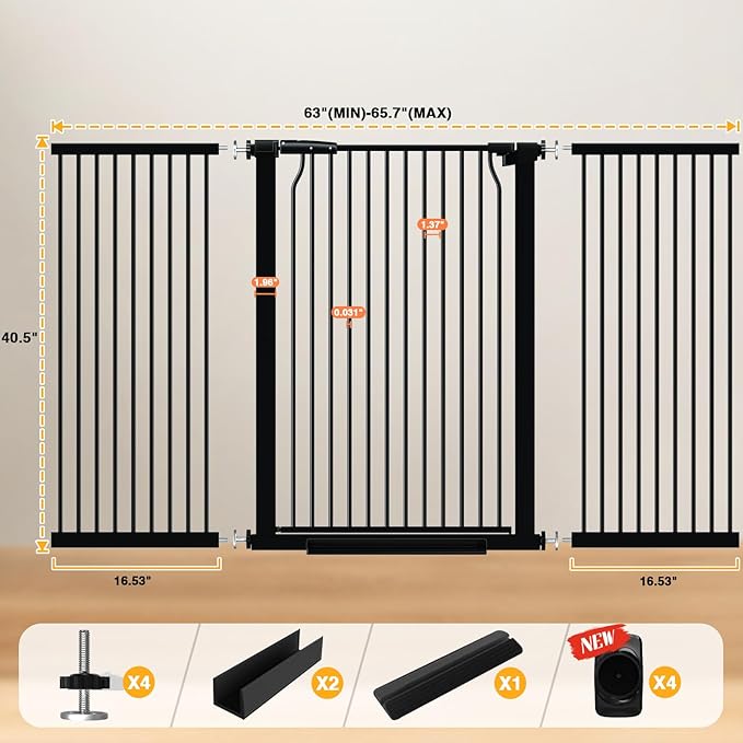 40.5" Tall Baby Gate 63-65.7" Wide No Drilling Tall Pet Gate Cat Gate Extra Wide Baby Gate Safety,Extra Narrow Auto-Close for Indoor Stairs, Doorways, and Kitchen