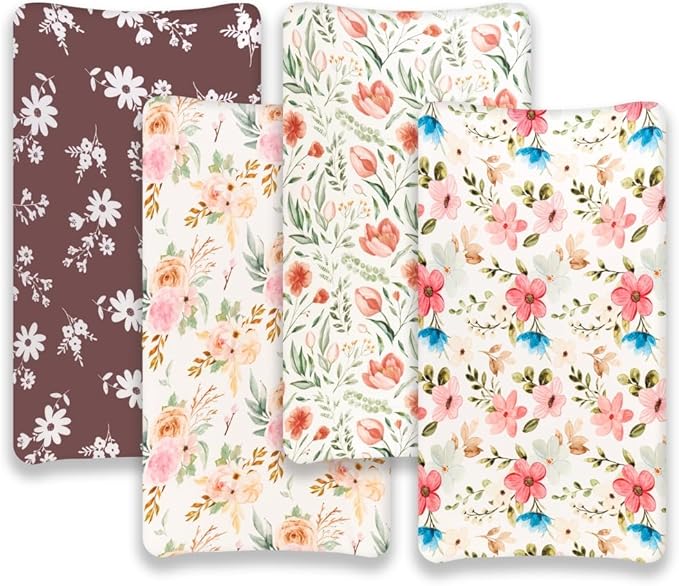 4 Pack Baby Girl Changing Pad Covers Sheets Set Soft Fitted Floral or Elephant Theme Baby Girl Mattress Covers Breathable Toddler Bed Sheets for Infant or Newborn Girls (Flower, Changing Pad Covers)