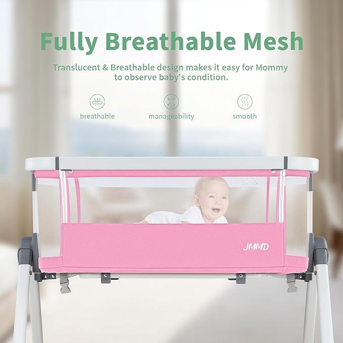 JMMD Baby Bassinet Bedside Sleeper, 3 in1 Baby Bassinet with 6 Levels Height Adjustable Side Sleeper Foldable and Portable Bedside Sleeper for Baby (Pink)