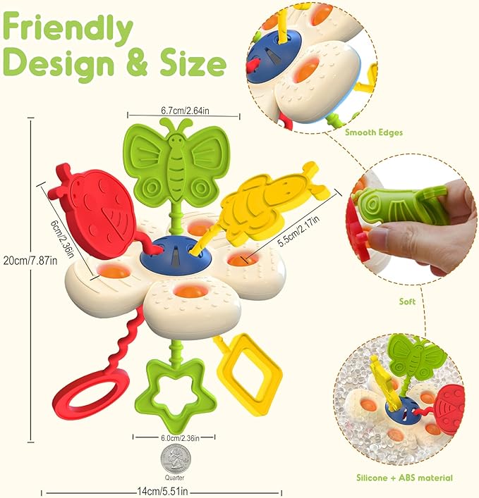 Baby Sensory Chew Toy for 6-12-18 Months, Soft Silicone Popper Pull String Travel Toys for Car Seat, Early Develop Fine Motor Skills & Vision, Learning Gift for Newborn Infant Toddler Boys Girls