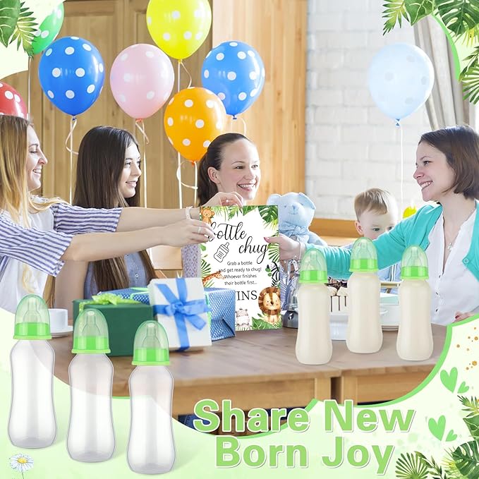TrelaCo Cool Baby Shower Games Sets 12 Pcs Feeding Bottles with 1 Bottle Chug Sign for Gender Reveal Baby Shower Party Favors Decoration Games(Forest,Light Green)