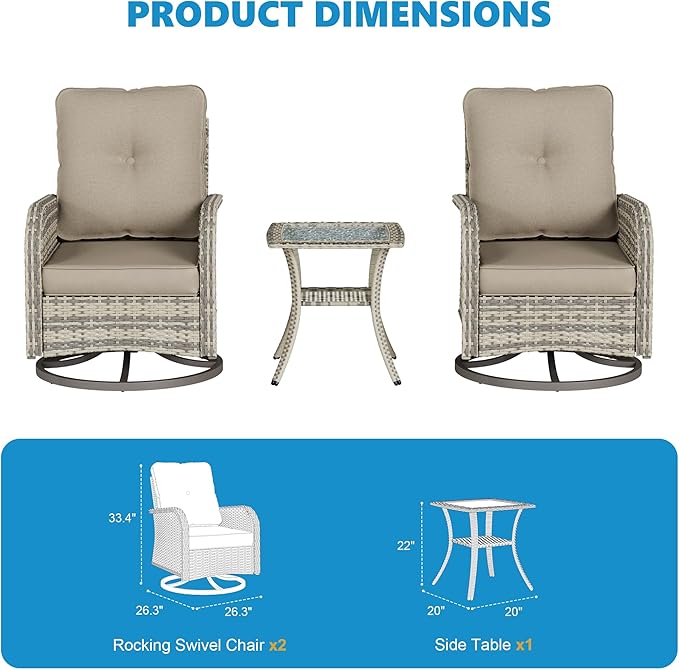 3-Piece Small Patio Furniture Set, Outdoor Swivel Rocking Chairs Set with Wicker Chairs and Tempered Glass Side Table, Outdoor Furniture Patio Bistro Set for Balcony, Deck, Porch