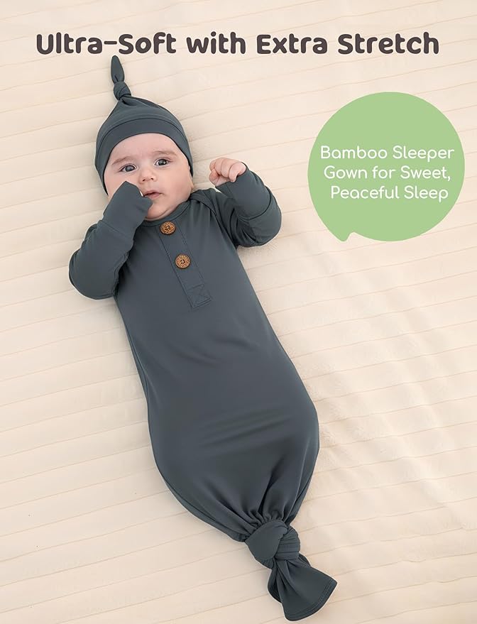 PATPAT Baby Sleeper Gown with Bamboo Viscose for Newborn Girls Boys, Knotted Nightgown with Mittens for Infant Home Coming