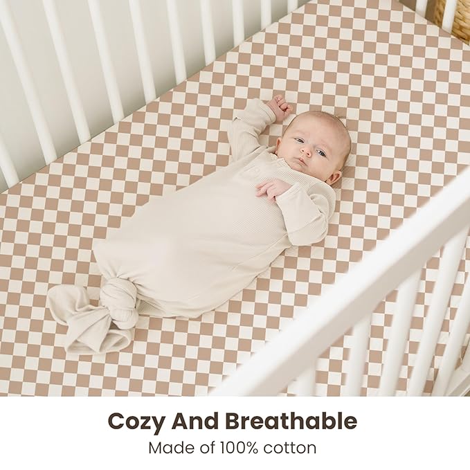 Konssy Muslin Crib Sheets for Boys, Soft Cotton Neutral Baby Sheets for Standard Crib Mattress 2 Pack, 52"x28" (Coffee Check,Moon)