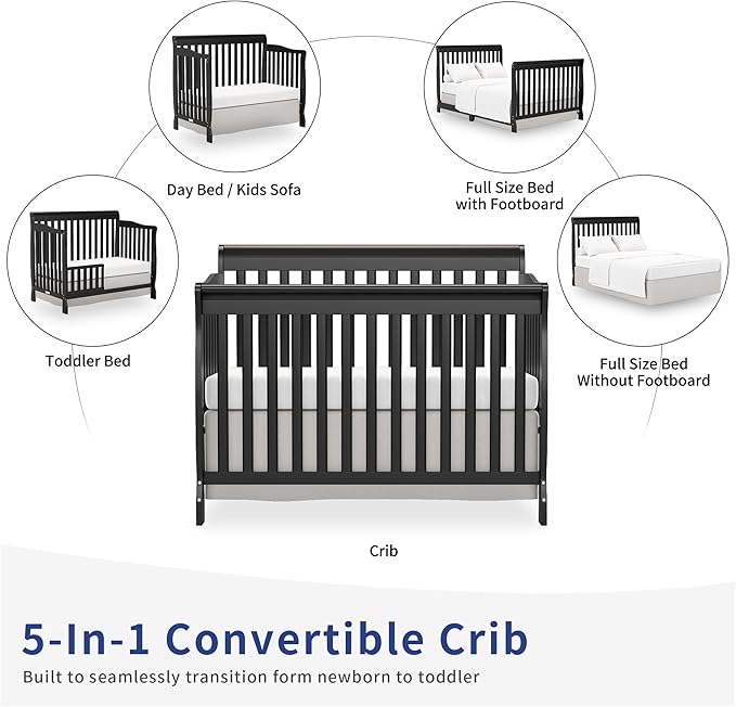 Baby Crib 5-in-1 Convertible, Wooden Cribs Converts to Toddler Bed, Daybed and Full-Size Bed, Nursery Furniture with Non-Toxic Finishes (Black)