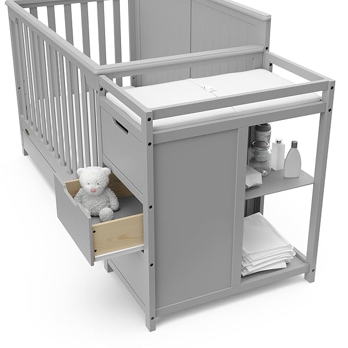Graco Hadley All-in-One Convertible Crib & Changer (Pebble Gray) – GREENGUARD Gold Certified, Fits Standard Crib Mattress, Converts to Toddler Bed and Full Bed, 4 Adjustable Mattress Heights