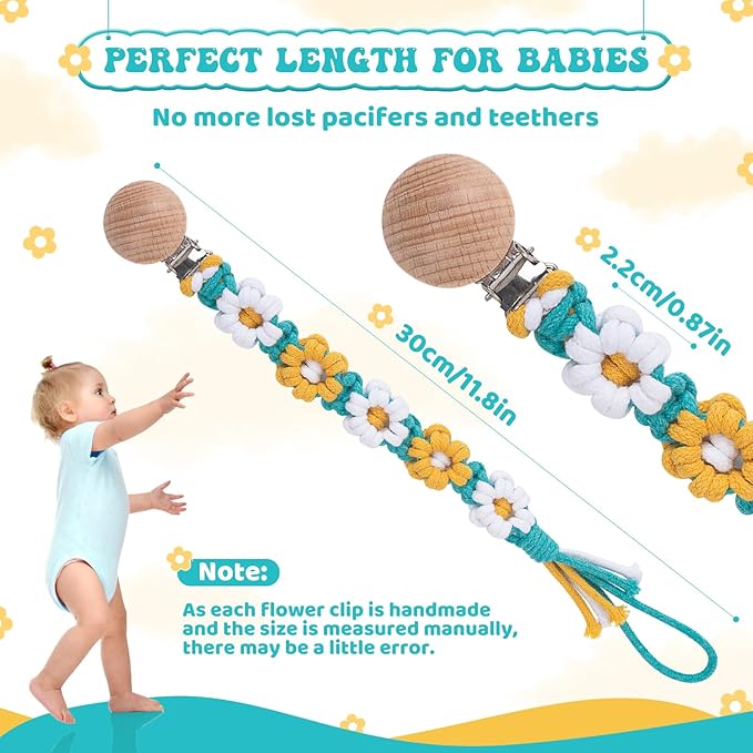 Pacifier Clip for Boys Girls Floral Daisy Macrame Baby Paci Clip Pacifier Holder Leash Boho Wooden Clips Handmade Braided Cotton Binky Clips (1pack:Yellow Daisy B)