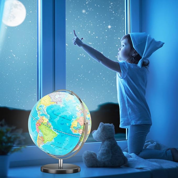 COSTWAY Illuminated World Globe, 13” Desktop Geographic Globe w/LED Light & Easy-to-Read Clear Map for Students, 720° Rotation Decoration, Educational Interactive Globe for School, Classroom
