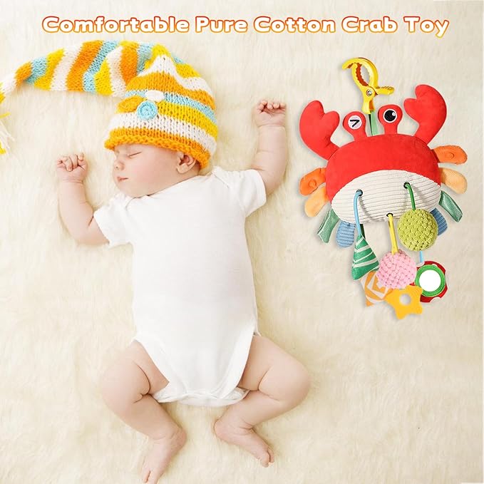 Car Seat Toys for Babies 0-6 Months, Carseat Toys Hanging with Clamp, Mirror, Bell, Rattles, Crinkle, Baby Crab Stroller Toy for Infant Boys & Girls