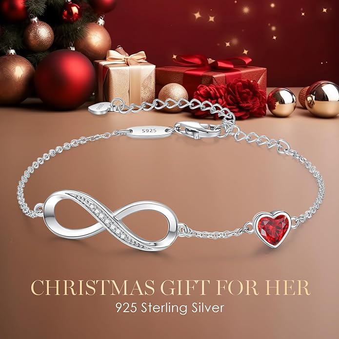CDE Infinity Heart Birthstone Charm Link Bracelet for Women 925 Sterling Silver Adjustable Mother's Day Gift Anniversary Birthday Jewelry for Wife Girlfriend Her