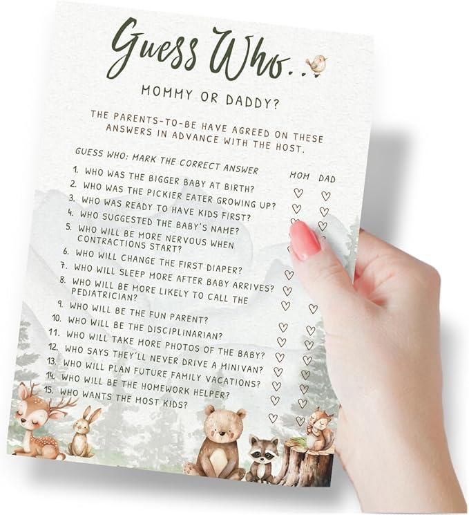 Printed Party Woodland Baby Shower Games for Boy – Set of 4 Games for 30 Guests, Forest Animal Theme, Includes Bingo, Mommy Trivia, Emoji Storybook, and Guess Who