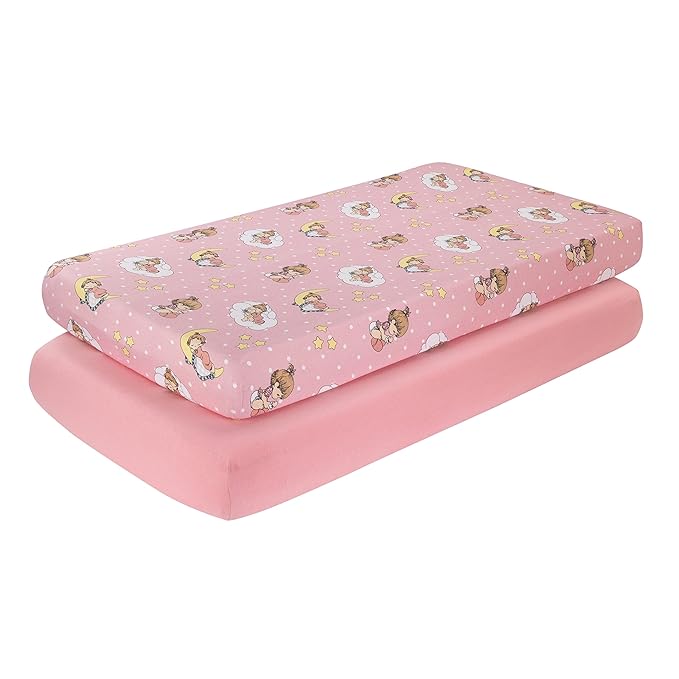 2 Pack Fitted Crib Sheets for Girls in 100% Jersey Knit Cotton – Pink and Yellow Precious Moments Design Plus Solid Pink Girl’s Crib Mattress Sheets by Everyday Kids