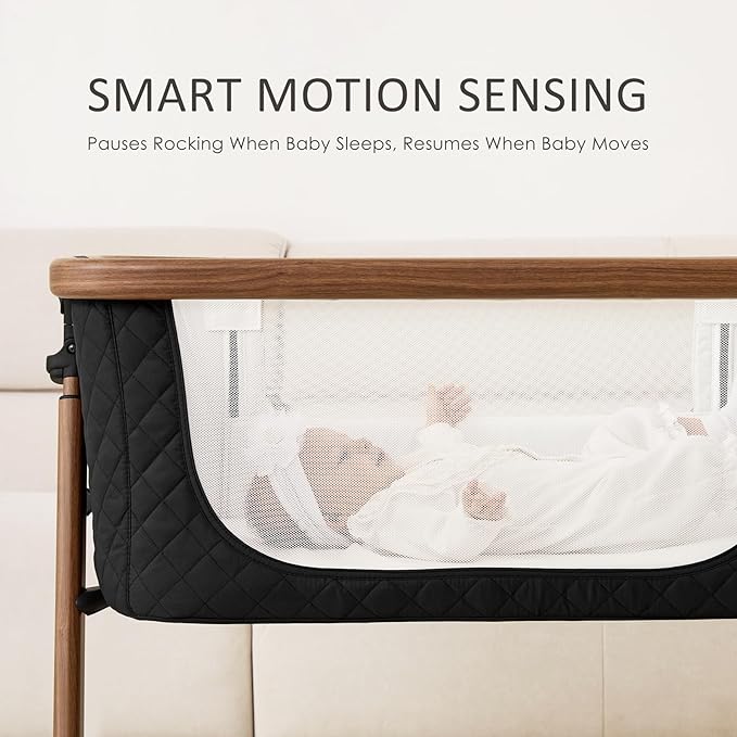Electric Smart Baby Bassinet & Bedside Bassinet with 5 Rocking Speeds, 3 Timer Modes, 12 Soothing Musics, 6 Adjustable Heights, Large Storage Basket (Black)