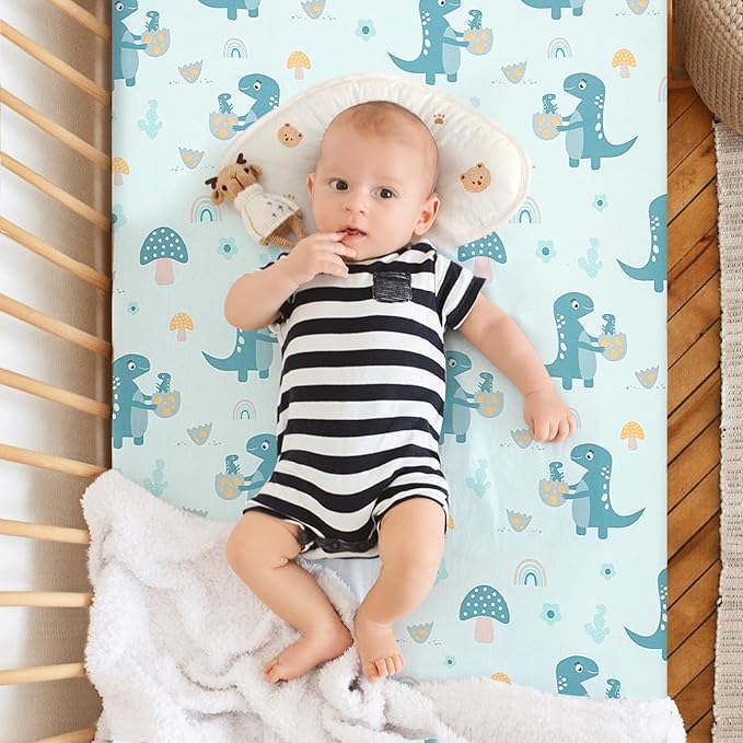 Pack n Play Flat Sheet 2 Piece Mini Crib Sheet Elastic Playard Sheet Set Portable Sheet Set Elastic Convertible Playmat Compatible Graco Pack n Play (Owl and Tree Bag) (More Dinosaurs)