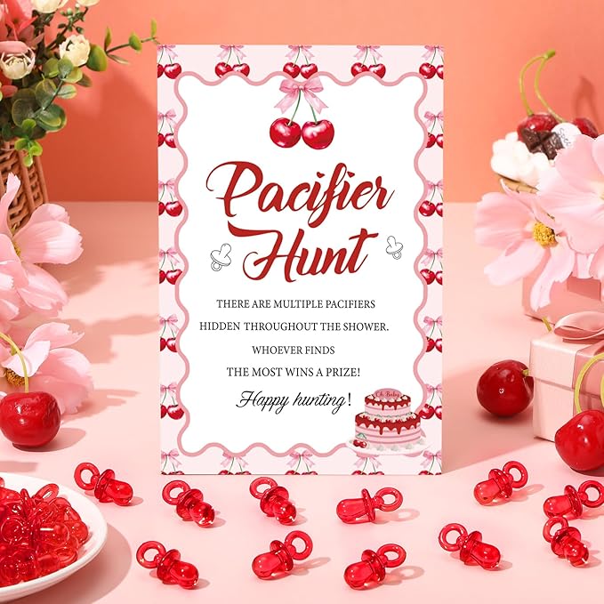 Thyle 51 Pcs Pacifier Hunt Baby Shower Games Include Hunt Sign and 50 Acrylic Pacifiers for Baby Shower Game Decoration Gift Sets Gender Reveal Party Decor (Cherry)