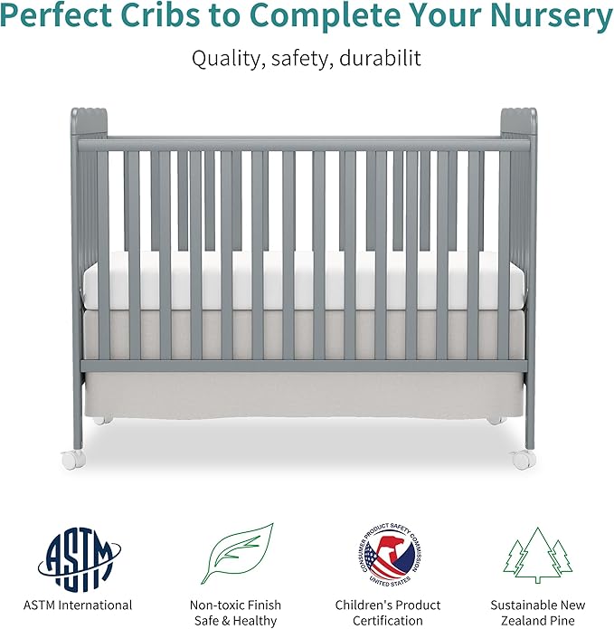 4 in 1 Convertible Baby Crib, Wooden Nursery Cribs Converts into Toddler Bed and Daybed, 3 Adjustable Base, Non-Toxic Finishes, Removable Wheels (Steel Grey)
