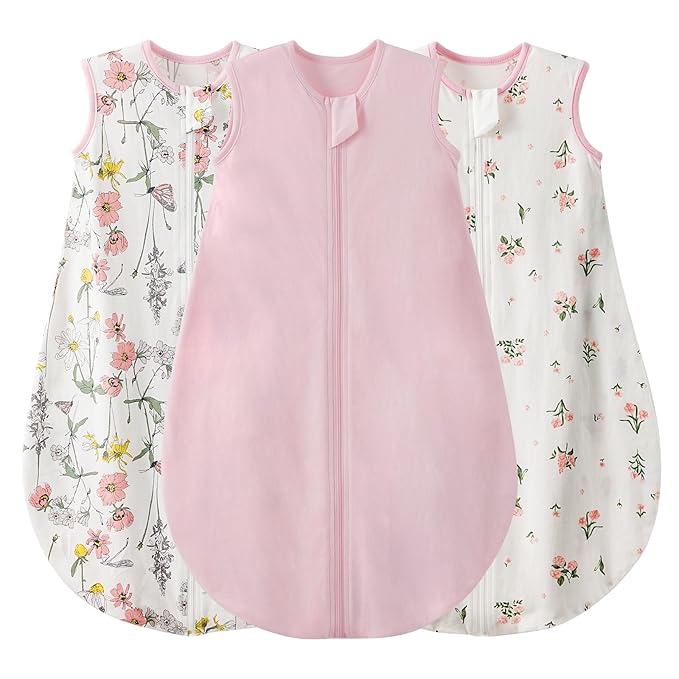 Duomiaomiao 3 Pack Baby Sleep Sack 100% Organic Cotton Lightweight Breathable Comfy Toddler Sleeping Sack (0.5tog Flowers, Large)