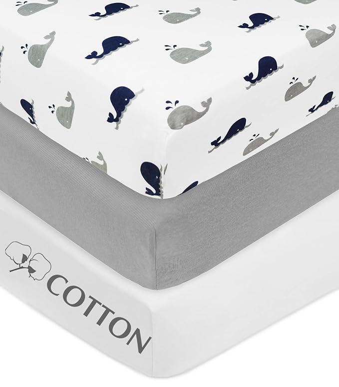 American Baby Company 3 Pack 100% Natural Cotton Fitted Crib Sheets 52" x 28" - Soft, Breathable, Hypoallergenic & Gentle Toddler Bed Sheets, Navy Whale/Gray/White, Neutral for Boys & Girls