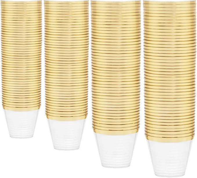 WDF 200 Pack Gold Plastic Cups - 9 Oz Elegant Clear Plastic Cups Gold Rimmed - Fancy Disposable Party Cup Wedding Cup Drinking Tumblers Cocktail Glasses