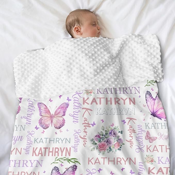 Personalized Baby Blanket for Girls Butterfly Custom Baby Blankets with Name Dotted Backing Customized Gifts for New Mom Customize Baby Blanket for Kids Newborn Birthday