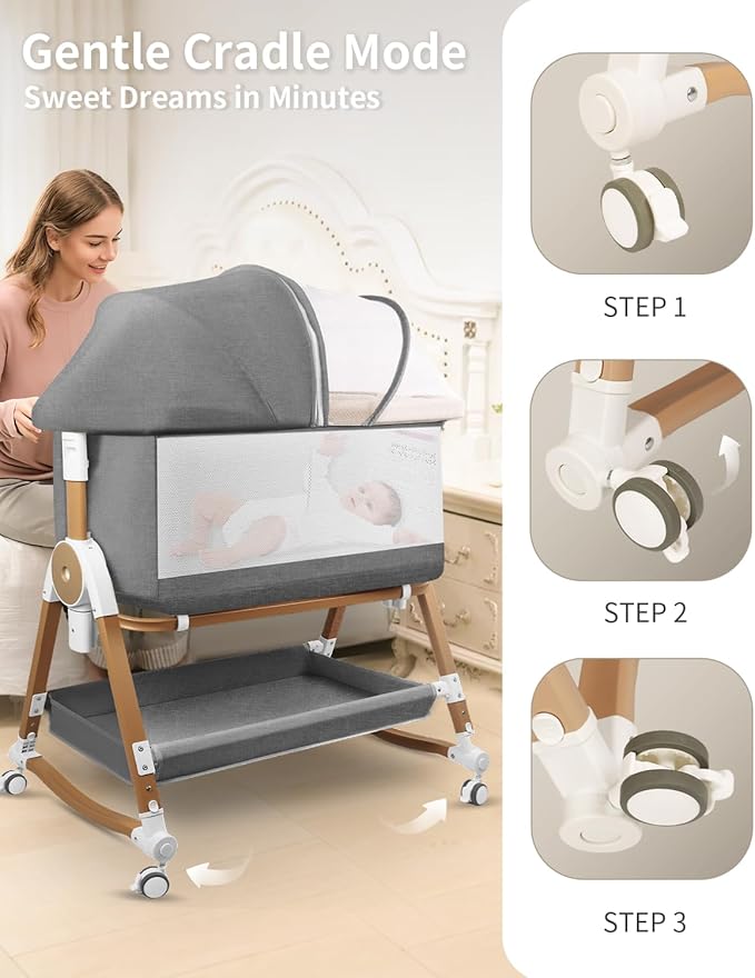 4 in 1 Baby Bassinet, Bassinets Bedside Sleeper with Wheels and Storage Basket, Adjustable 7 Heights Bedside Sleeper with Mosquito Net, Breathable Mesh Rocking Bassinet for Baby (Grey)
