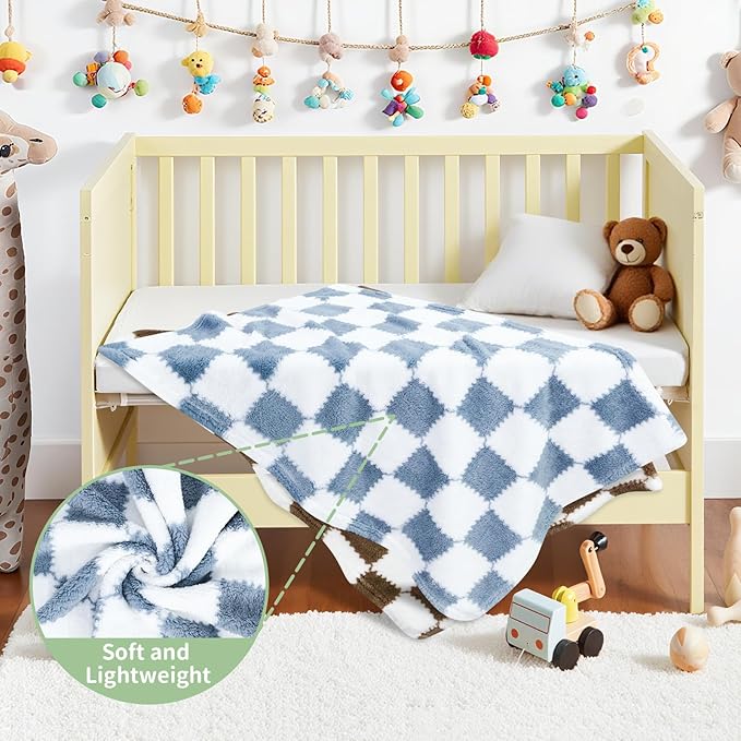 Checkered Baby Blanket for Boys, 2 Pack Soft Baby Boy Blankets, Small 28 x 40 inches Toddler Fleece Blanket, Essentials Crib Stroller Items, Newborn Gift (Blue)
