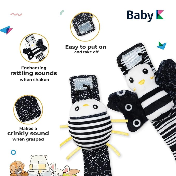 BABY K Rattle Socks & Wrist Rattles and Hand Rattle (Set E+ Flower) - Newborn Toys for Baby Boy or Girl - Brain Development Infant Toys - Hand and Foot Rattles Suitable for 0-3, 3-6, 6-12 Month Babies