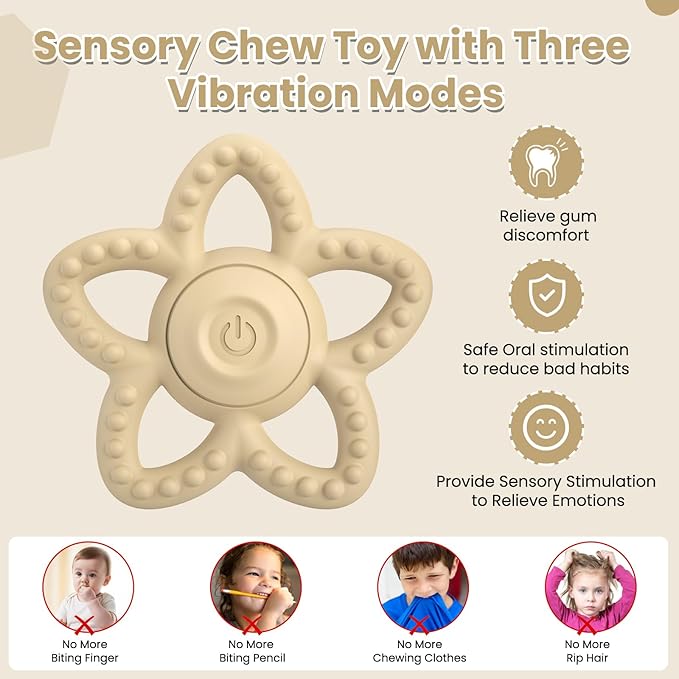 Vibrating Sensory Chew Toy for Autism & Teething Babies - USB Rechargeable with 3 Vibration Modes, Baby Teething Toys for Toddlers 6-18 Months, Calming Baby Sensory Toys(Beige)