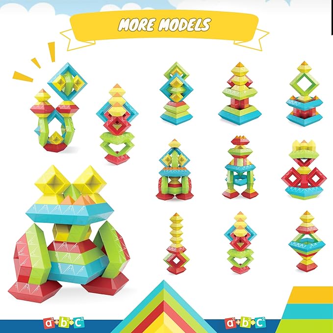 Montessori Toys for Ages 3 4 5 6 Toddlers Kids Baby,Pyramid Stacking Building Toys,3D Preschool Learning Blocks for Kids,STEM Sensory Toy Gifts for 2-4 Year Old Boy Girl,Plastic Storage Bag Set