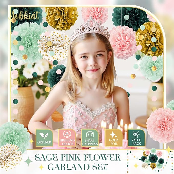 AOBKIAT Wedding Birthday Party Decorations Set,15PCS Sage Green Pink Tissue Paper PomPoms Circle Dots Paper Garland String Hanging Backdrop for Baby Shower, Boho Bridal Wedding Theme Decor