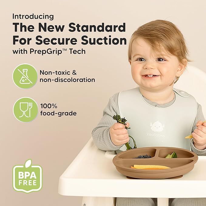 KeaBabies Suction Plates for Baby, Toddler - 3-Pack 100% Silicone Toddler Plates with Suction, Divided, BPA-Free Baby Led Weaning Essentials for Kids, Dishwasher, Microwave Safe, Durable (Desert)