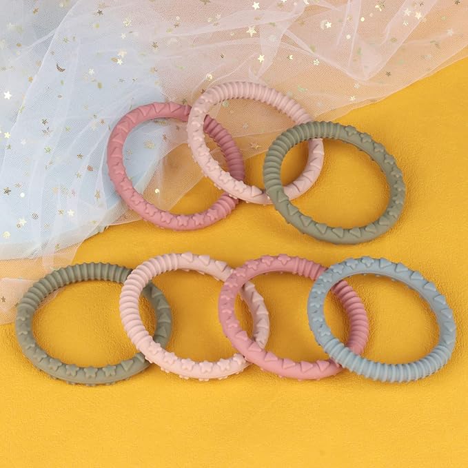 Silicone Teether Bracelet, Soft Silicone Teether Rings with Organic Featuring Multiple Raised Textures to Soothe Gums, Food Grade Silicone, BPA & Phthalate