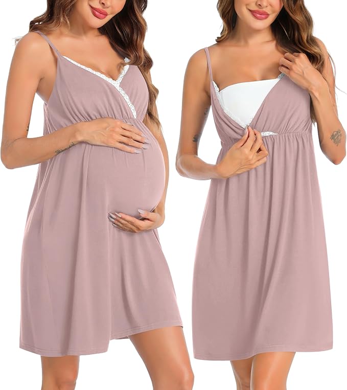 SWOMOG Womens Maternity Robe 2 Piece Nursing Nightgown for Breastfeeding 3 in 1 Labor Delivery Nursing Dress Lace Bathrobe