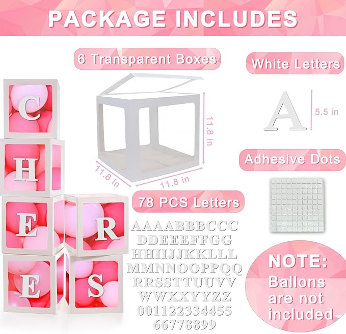 White Transparent Balloon Boxes With 78 Letters, Name Boxes for Baby Shower, Clear Baby Box Blocks Backdrop for 1st Birthday, Bridal Shower, Graduation Prom Party, Gender Reveal Decoration, 6 PCS